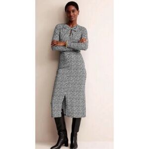 NWT Boden Empire Knot Midi Jersey Dress Stretch Black Lily Sprig Long Sleeve 4R